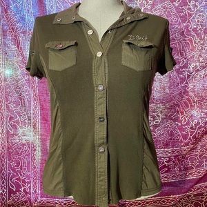Early 2000’s Dolce & Gabbana ribbed button up short sleeve bedazzled top